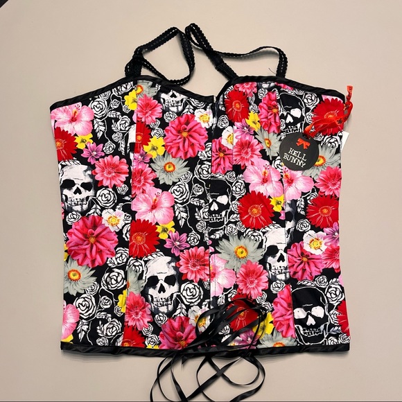 HELL BUNNY Skull & Daisy Floral Corset Top - Picture 2 of 11
